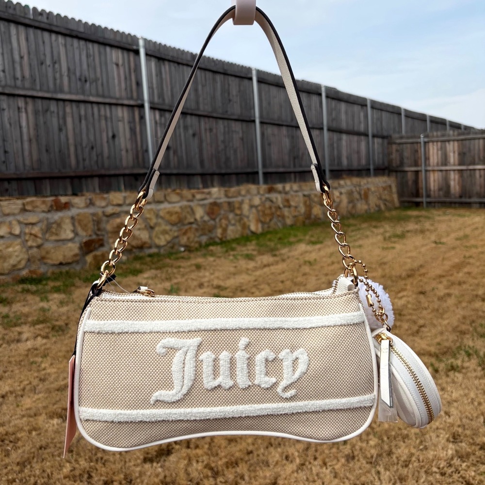 JUICY COUTURE NWT Cream & White Woven Canvas Shoulder‎ Bag with Coin Purse